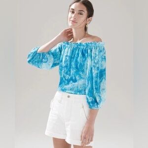 New White House Black Market Blue Off-Shoulder Sea Shell Nautilus Summer Top